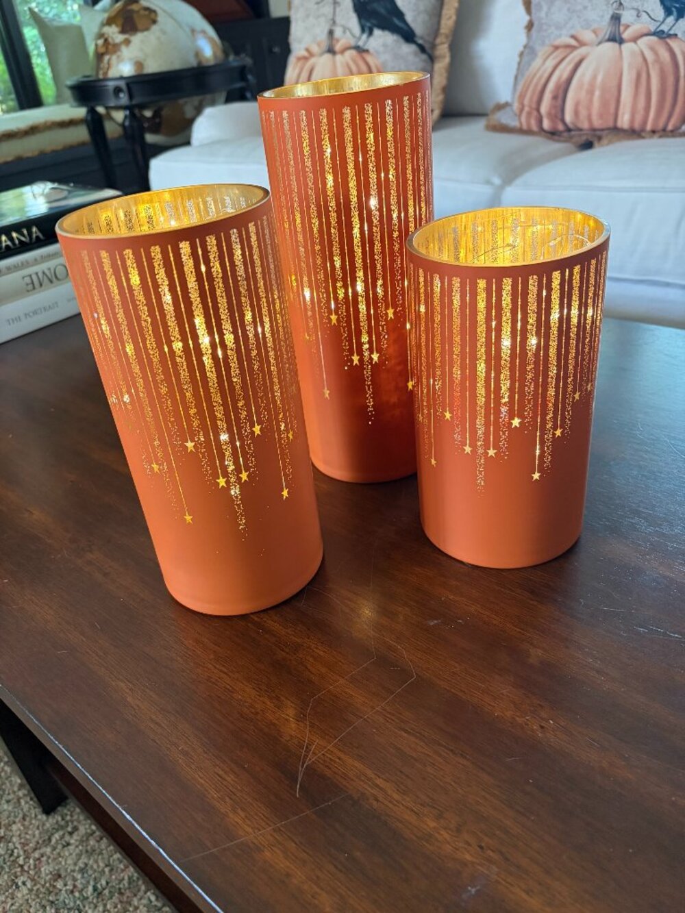 Share 3 VALERIE PARR HILL ILLUMINATED STARRY NIGHT HALLOWEEN HURRICANES Orange U